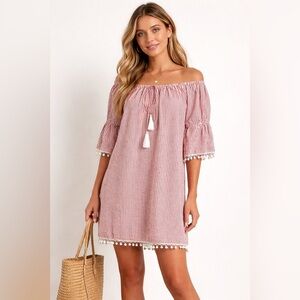 Gianni Bini Seersucker Striped Off Shoulder Tassel Peasant Mini Dress M Coastal